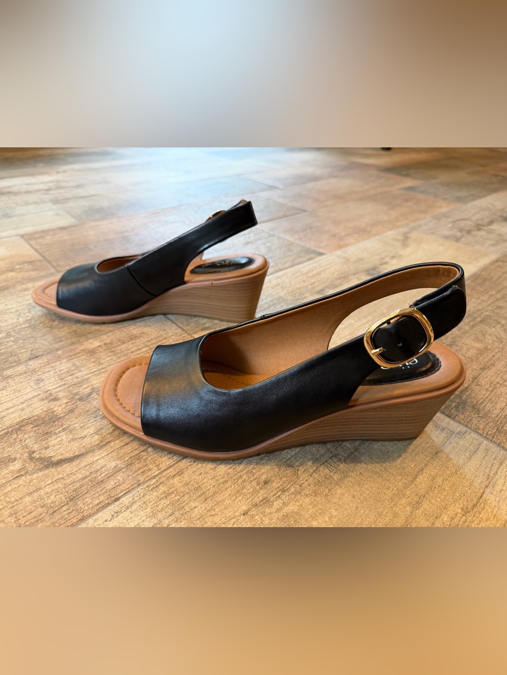 NWT Eüro Soft - Black Wedge Slingback Sandals with Gold Buckle